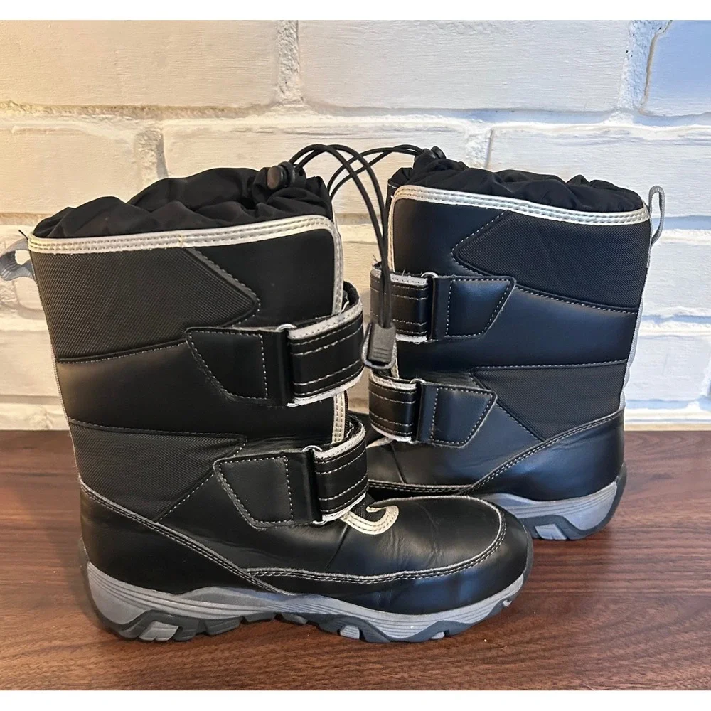 Lands End Snow Flurry Kids Winter Boots Black Silver Insulated Size 3 Youth Warm